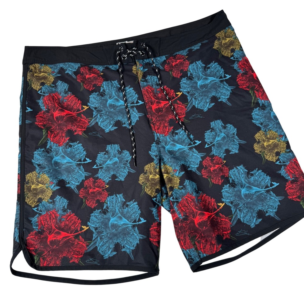 Huk Black Floral Marlin Print Performance Fishing Board Shorts 42 Swim Trunks XL